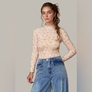 🟠422B. Loose Turtle Neck Lace Mesh Sheer Top - Pink